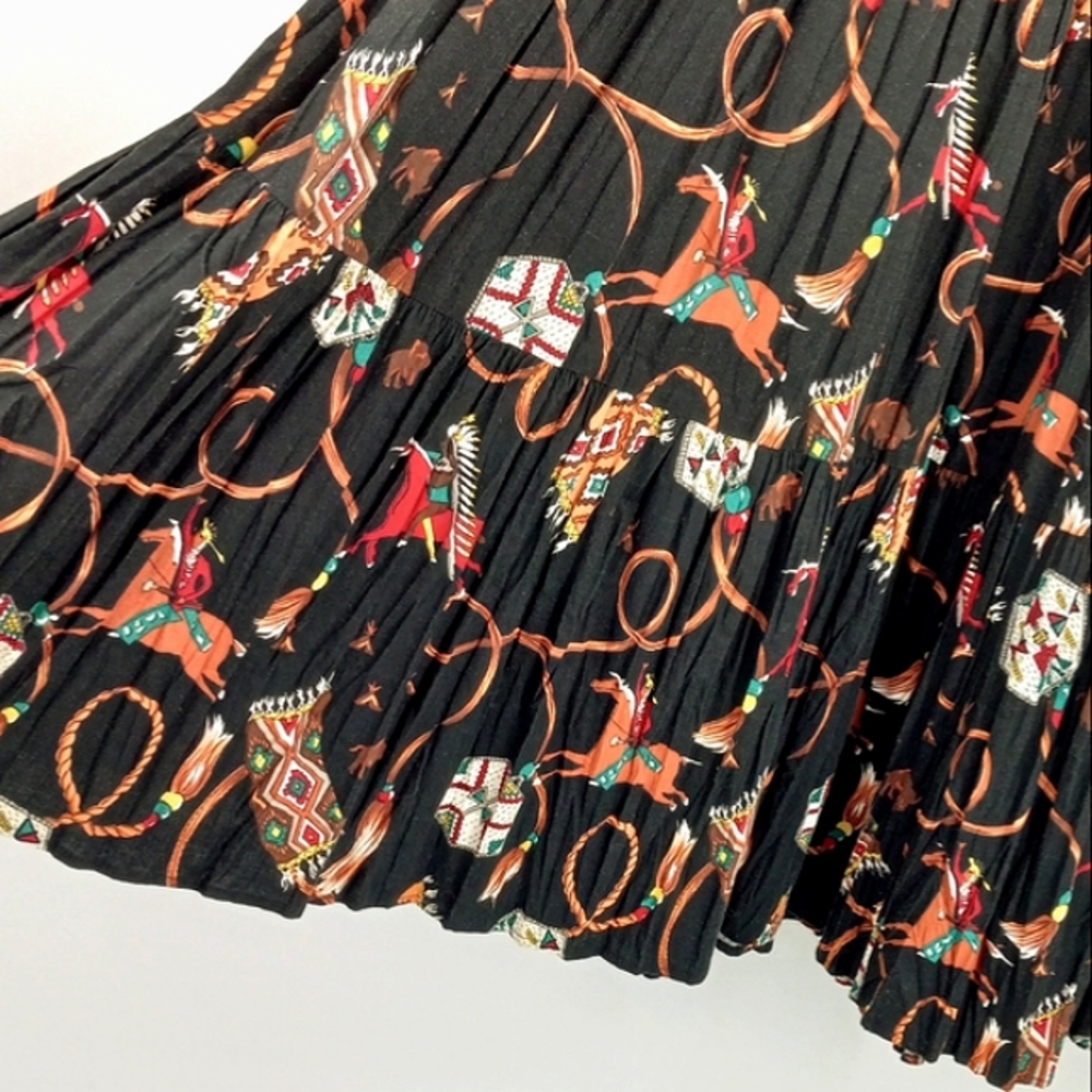VINTAGE Circle T Native American Indian Chief Tribal Print Tiered Maxi Skirt M - Picture 7 of 13